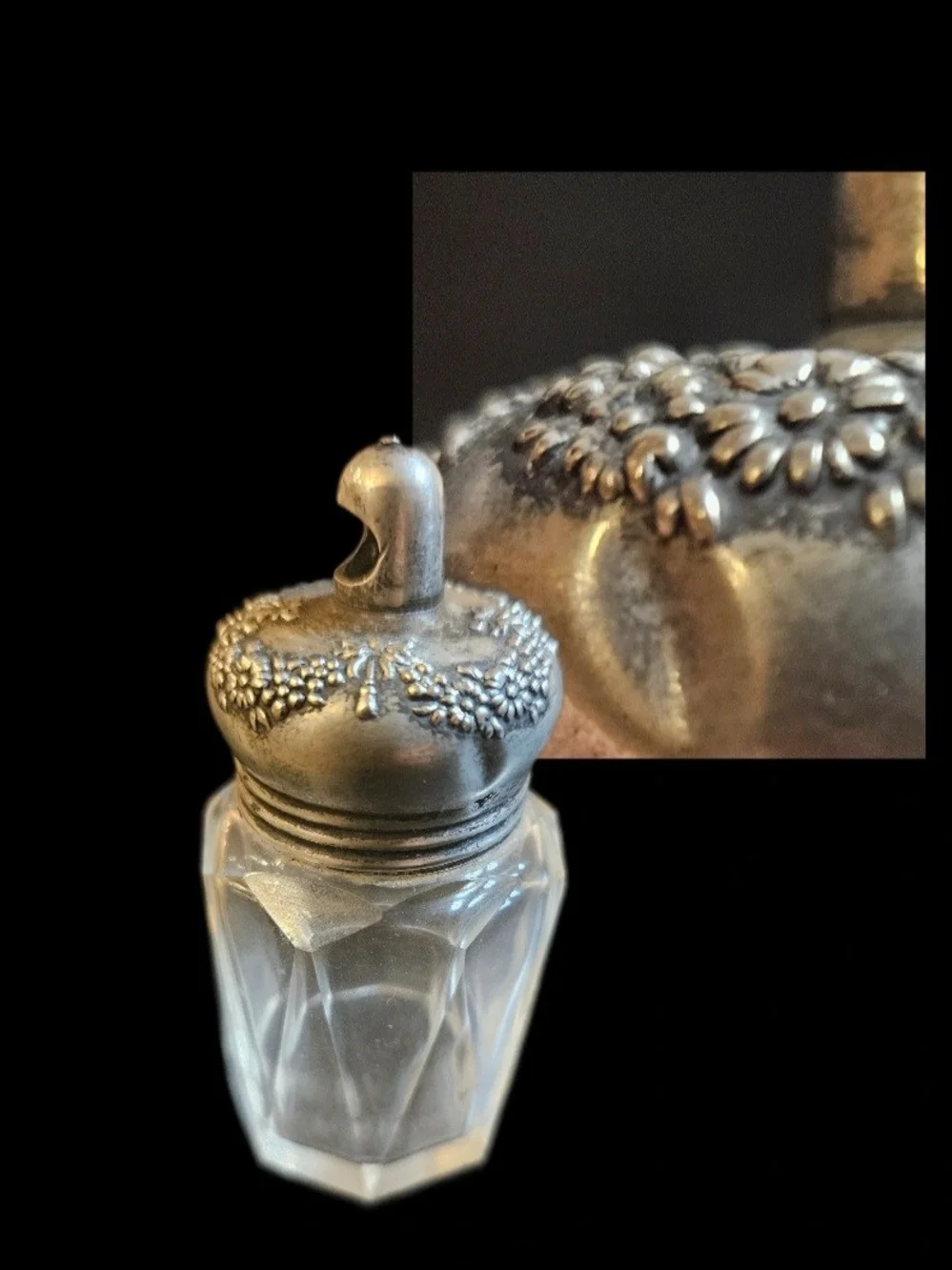 Antique La Pierre Sterling Silver Cut Glass Powder Jar Floral Repousse Lid 3